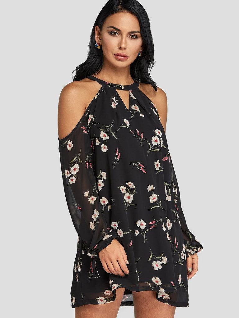 Black Cold Shoulder Long Sleeve Floral Print Lace-Up Cut Out Mini Dresses