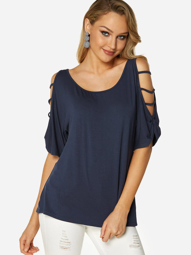 Cold Shoulder Plain Half Sleeve Navy T-Shirts