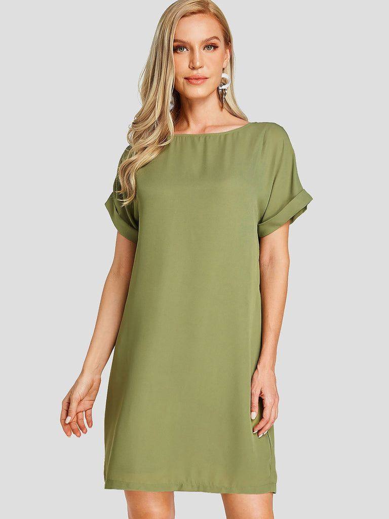 Army Green Round Neck Short Sleeve Plain Side Pockets Casual Dress