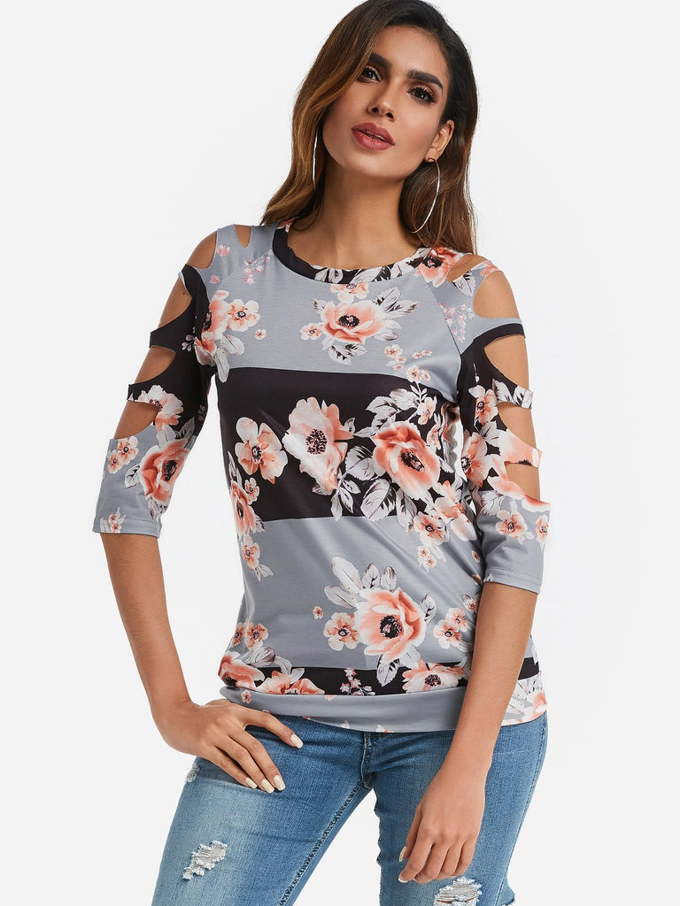 Crew Neck Cold Shoulder Floral Print Cut Out 3/4 Sleeve T-Shirts