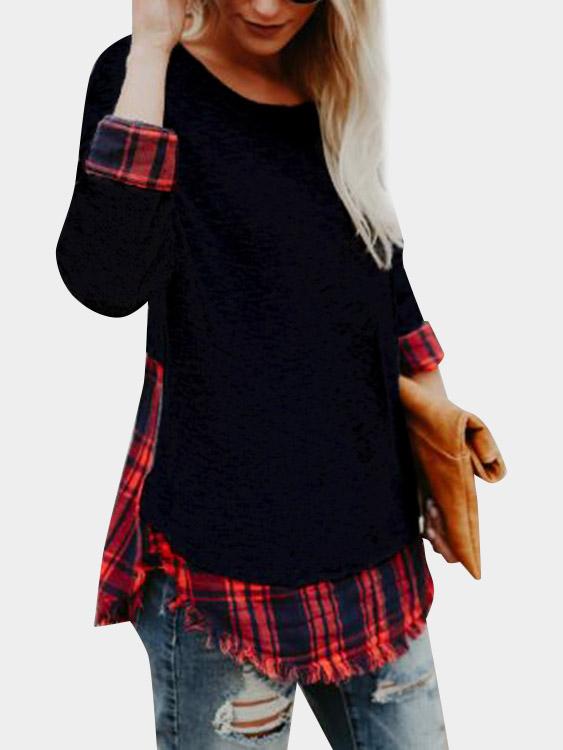 Round Neck Grid Long Sleeve Curved Hem T-Shirt