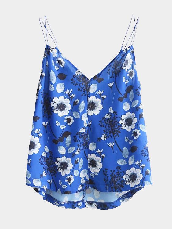 Floral Print Sleeveless Irregular Hem Blue Camis