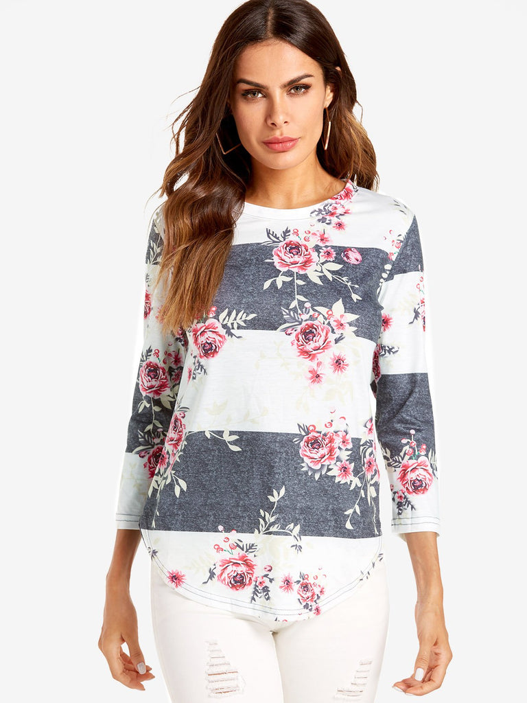 Round Neck Floral Print 3/4 Sleeve Curved Hem T-Shirts