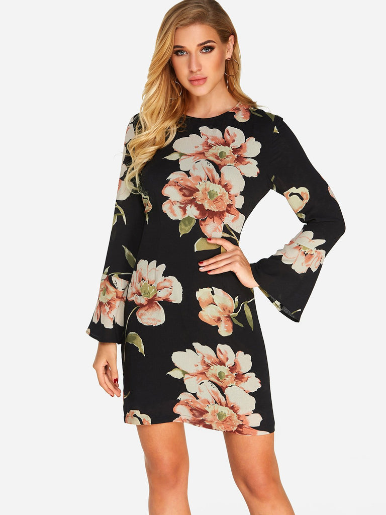 Black Long Sleeve Round Neck Floral Print Fashion Mini Dress