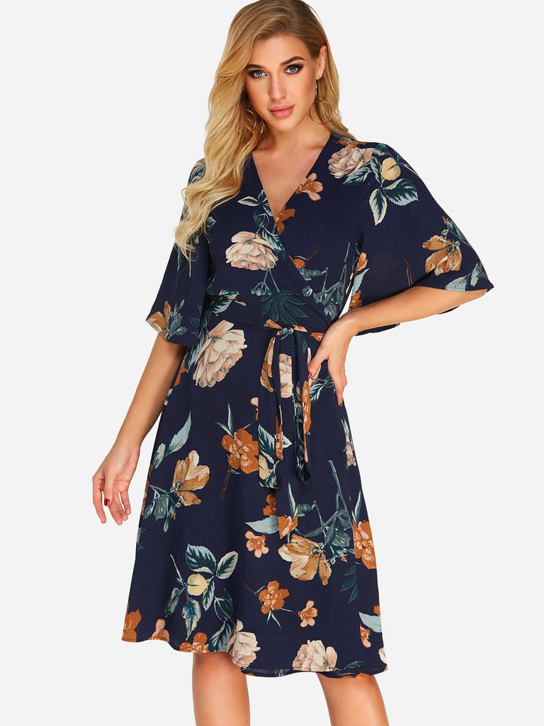 V-Neck Half Sleeve Floral Print Wrap Dresses