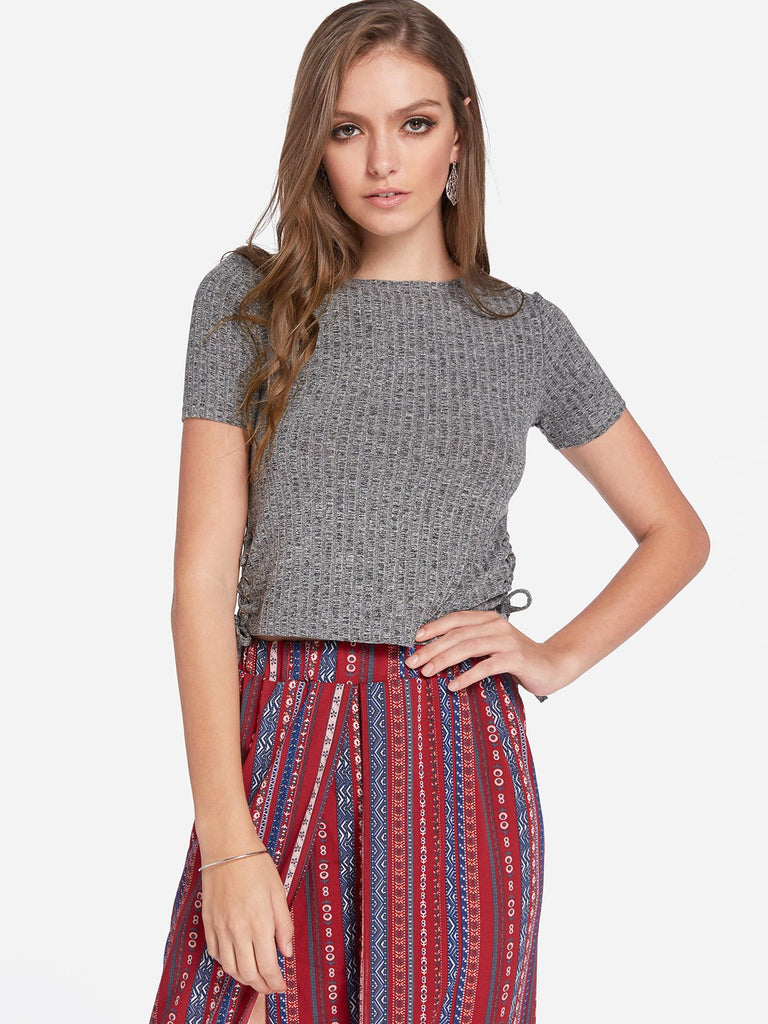 Round Neck Lace-Up Short Sleeve Grey T-Shirts