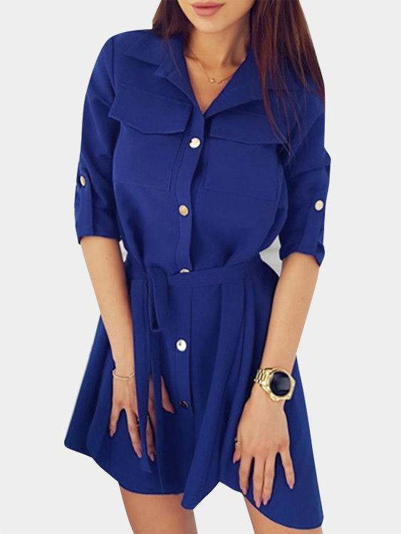 Classic Collar Plain Lace-Up Long Sleeve Curved Hem Blue Shirt Dresses