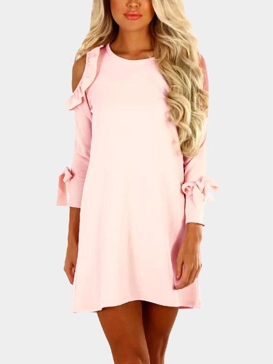 Pink Round Neck Cold Shoulder 3/4 Length Sleeve Mini Dress