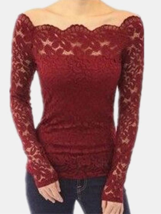 Off The Shoulder Lace Long Sleeve T-Shirts