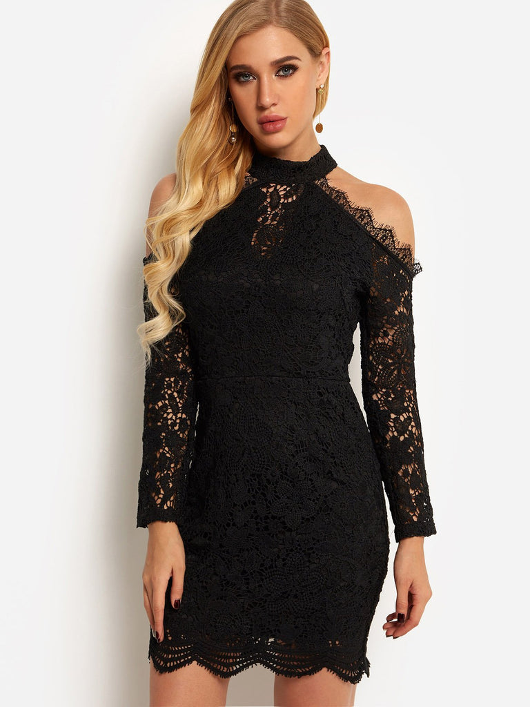 Black Halter Cold Shoulder Long Sleeve Plain Tassel Hem Sexy Dress