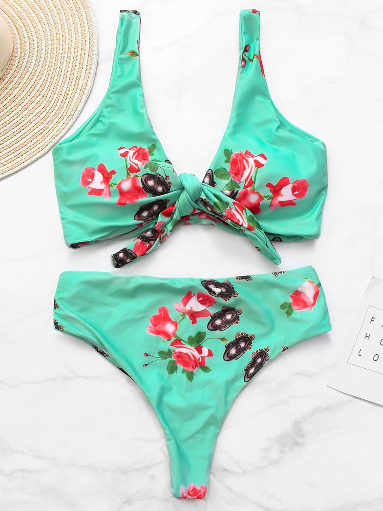 Green Scoop Neck Sleeveless Floral Print Tie-Up High Waist Two Piece Bikinis