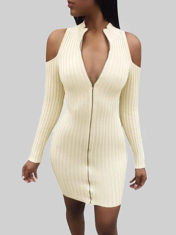 Beige V-Neck Cold Shoulder Long Sleeve Plain Zip Back Mini Dress