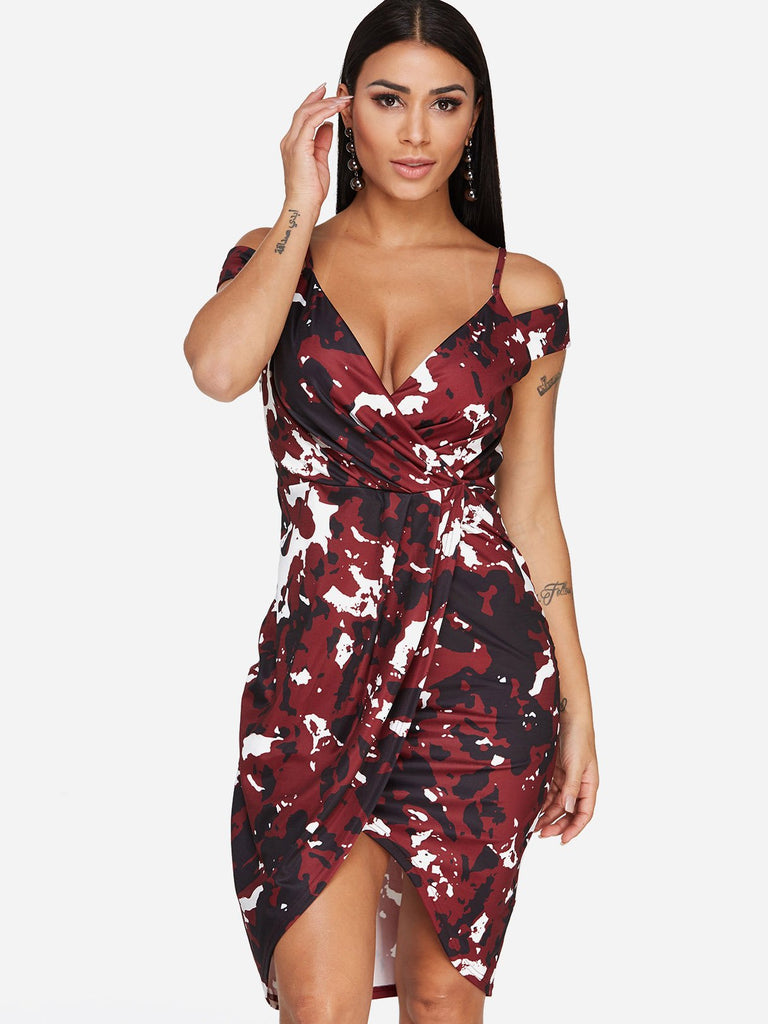 Burgundy Cold Shoulder Deep V Neck Short Sleeve Camouflage Crossed Front Cut Out Pleated Slit Hem Dresses