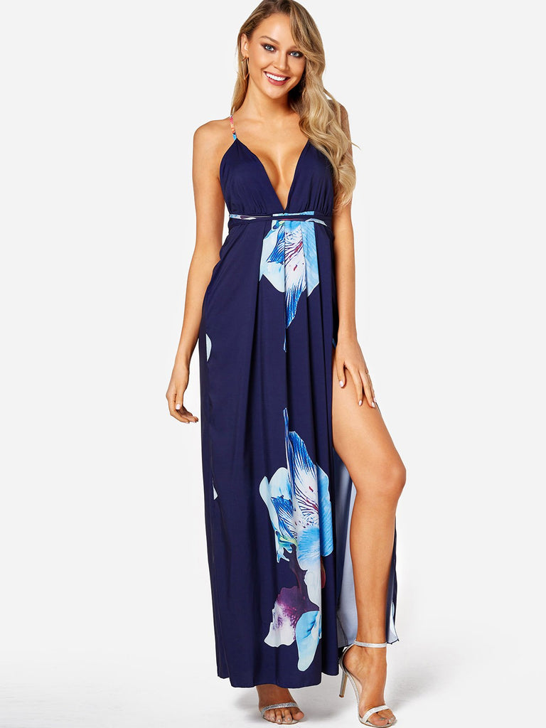 Navy Deep V Neck Sleeveless Floral Print Backless Lace-Up Slit Dress