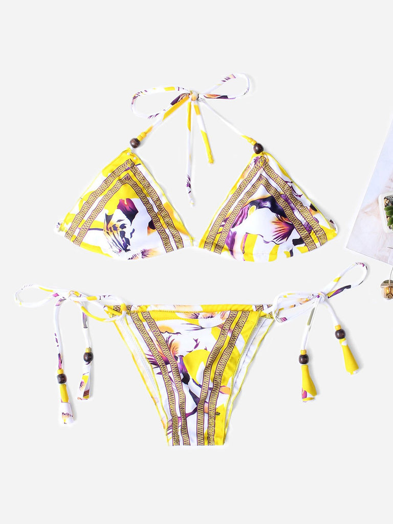 Floral Print Sleeveless Yellow 2 Piece Bikini