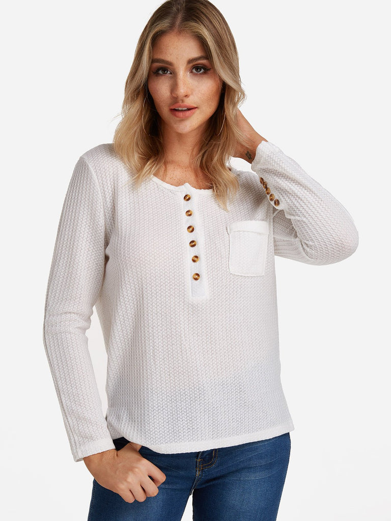 Crew Neck Plain Side Pockets Long Sleeve T-Shirts