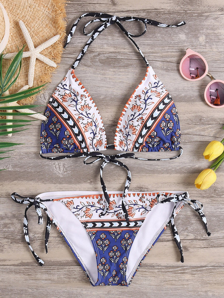 Halter V-Neck Floral Print Tie-Up Sleeveless Bikini Set