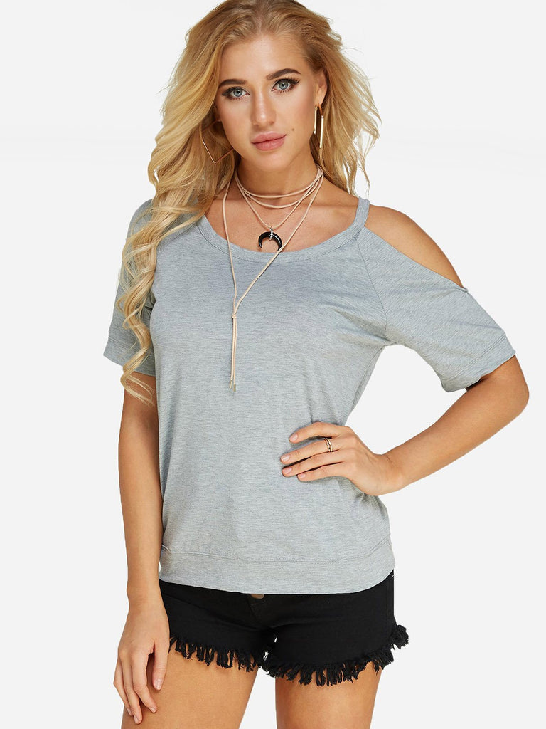 Round Neck Plain Cut Out Short Sleeve Grey Top