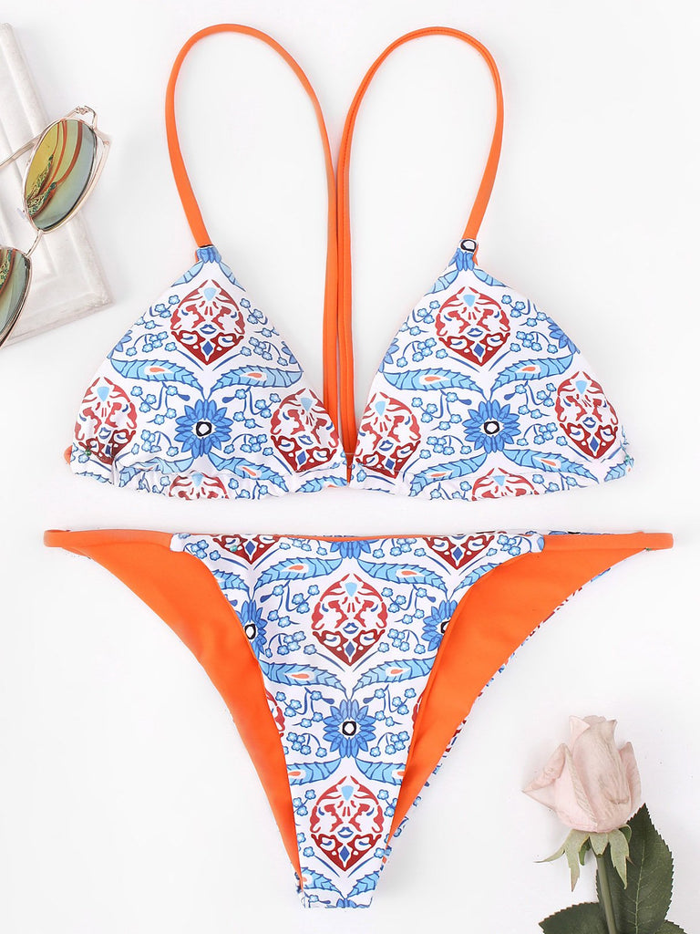 Blue Halter Sleeveless Floral Print Backless Two Piece Bikinis