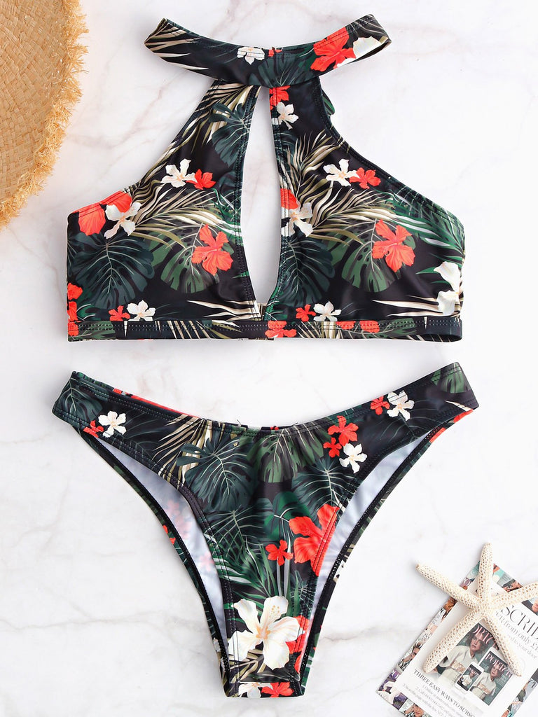 Halter Floral Print Sleeveless Bikini Set