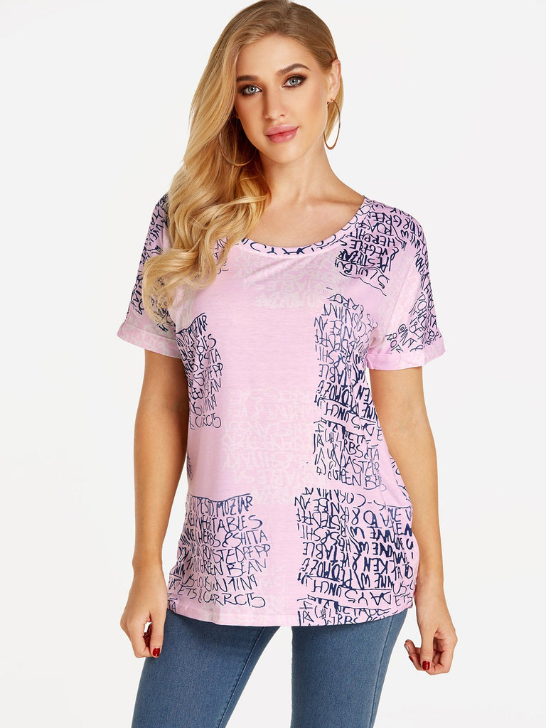 Round Neck Letter Short Sleeve Pink T-Shirts