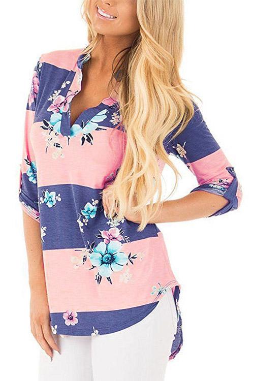 Random Long Sleeves Curved Hem V-Neck Blouses