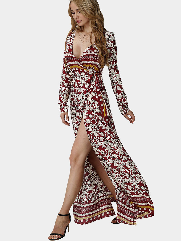 V-Neck Floral Print Long Sleeve Slit Hem Maxi Dress