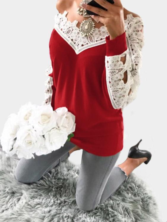 V-Neck Lace Hollow Long Sleeve Red T-Shirts