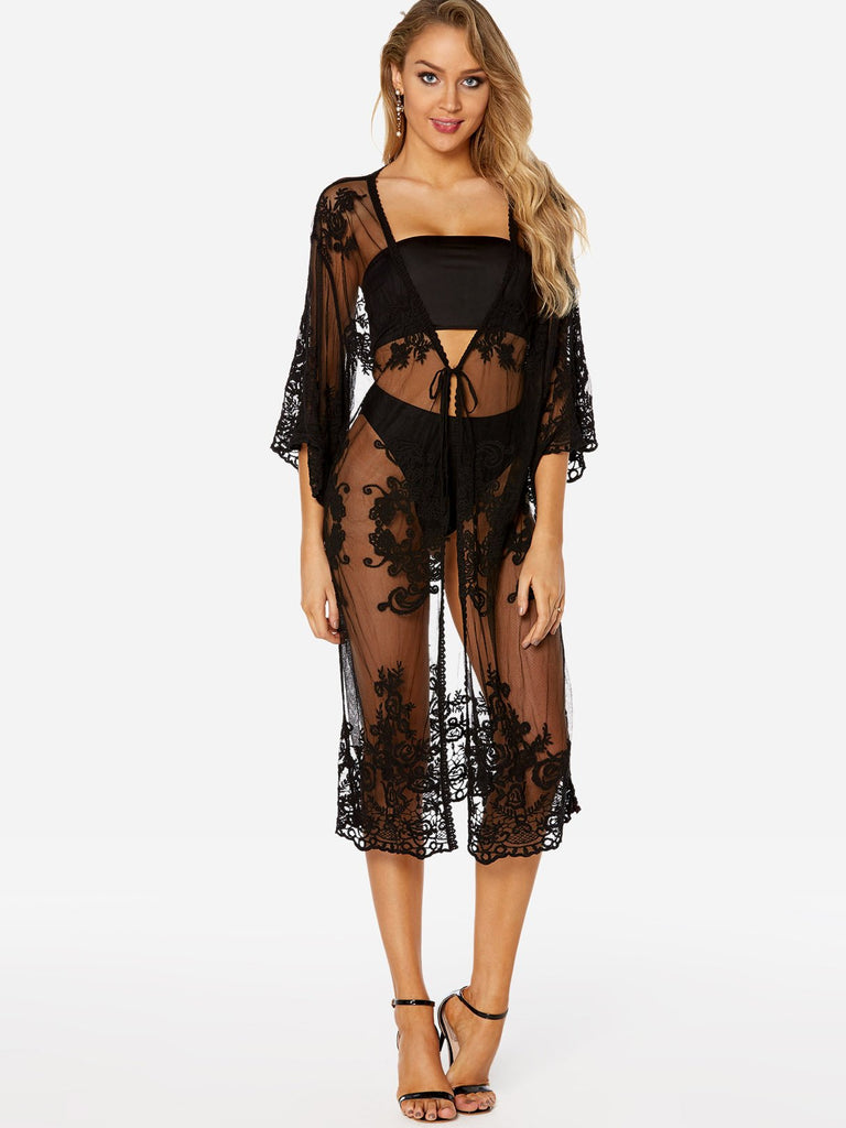 Black Long Sleeve Embroidered Lace See Through Beach Dresses