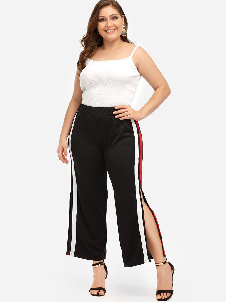 Stripe Slit Hem Black Plus Size Bottoms