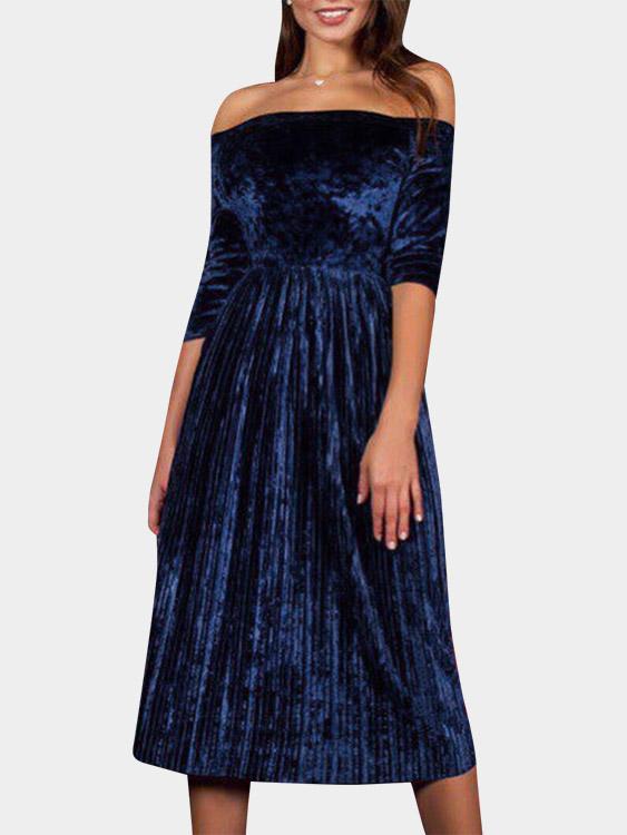 Off The Shoulder Pleated Half Sleeve Blue Dress