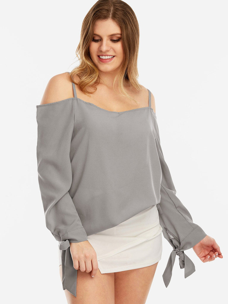 Cold Shoulder Plain Cut Out Long Sleeve Grey Plus Size Tops