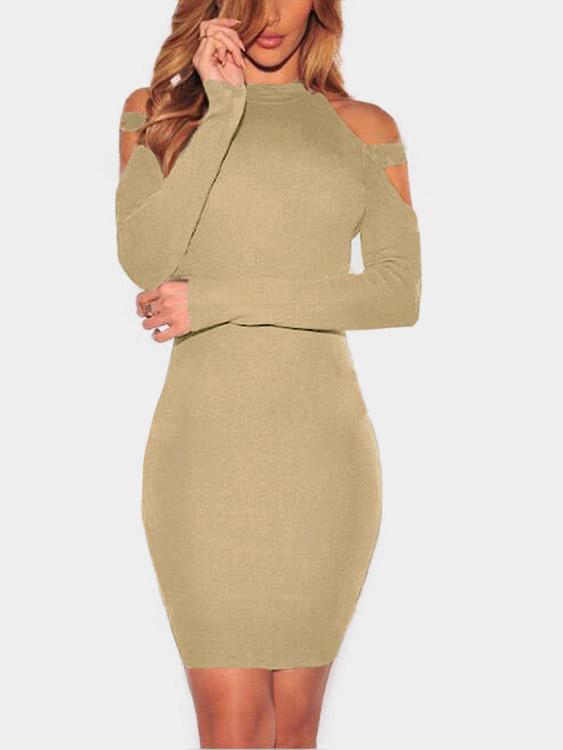 Apricot Round Neck Cold Shoulder Long Sleeve Plain Mini Dress