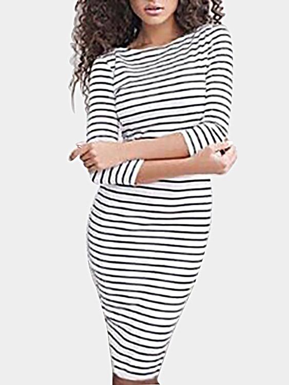 White Round Neck 3/4 Length Sleeve Stripe Bodycon Dresses