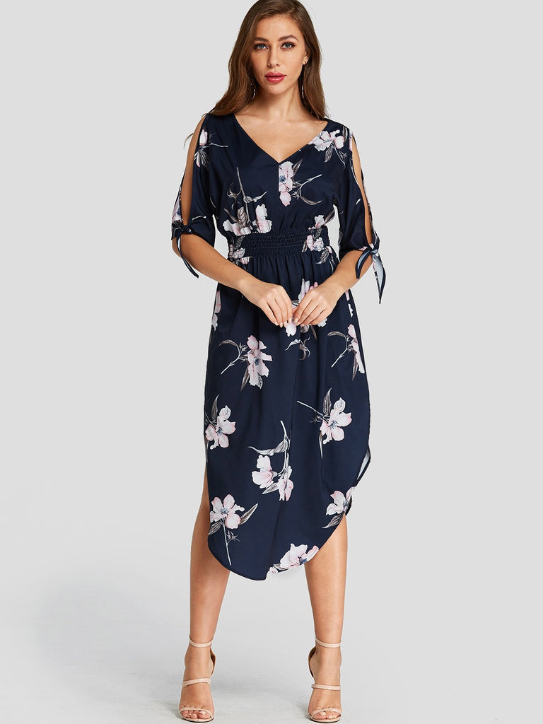 Navy V-Neck Half Sleeve Floral Print Slit Self-Tie Curved Hem Dresses