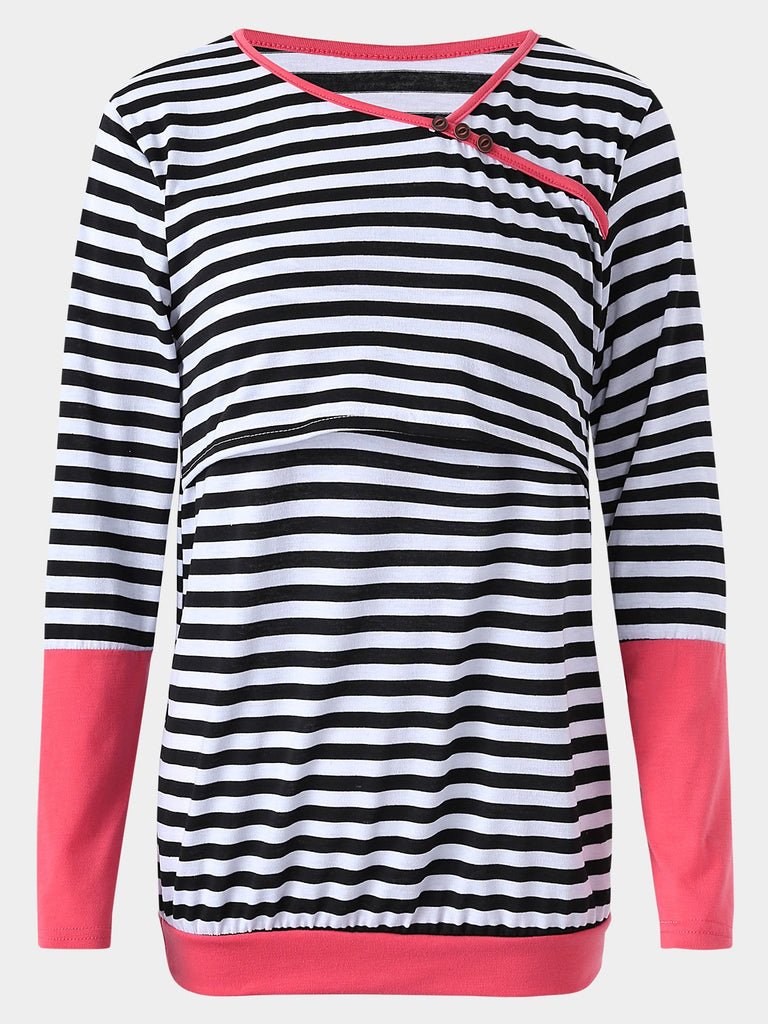 Stripe Pattern Side Stitching Contrast Colors Nursing T-Shirts 