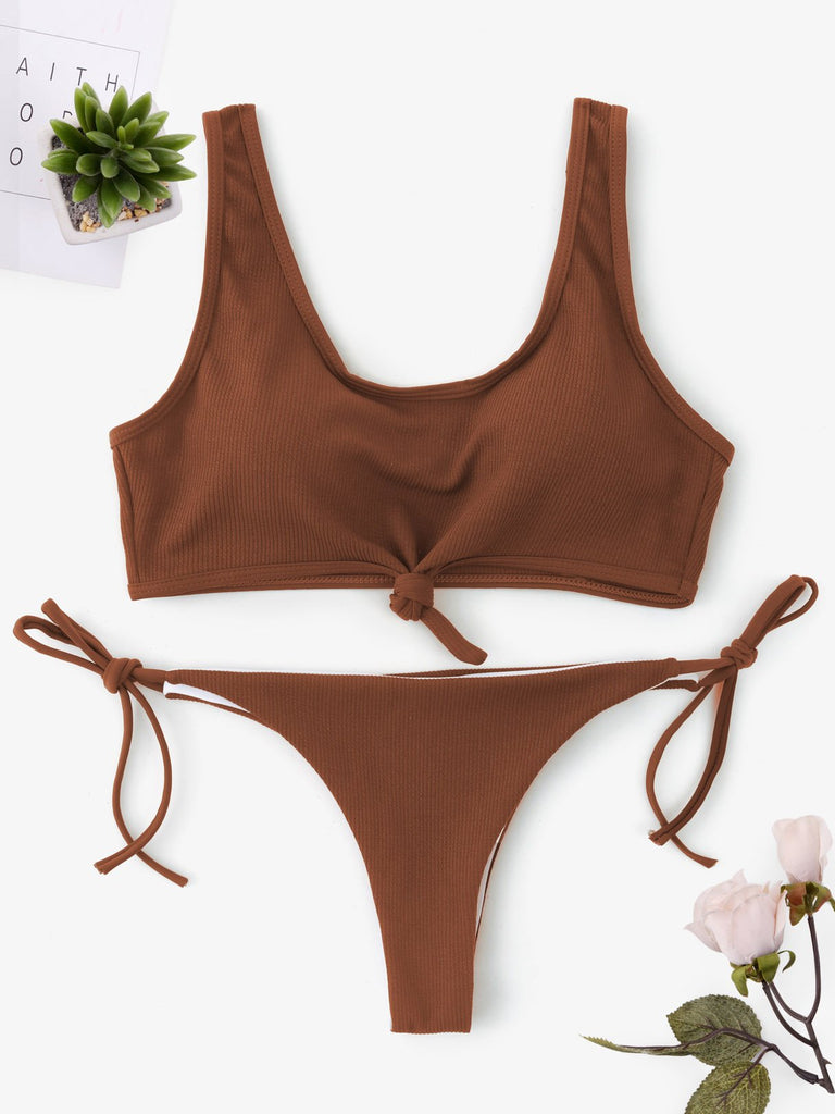 Scoop Neck Sleeveless Plain Tie-Up Bikinis