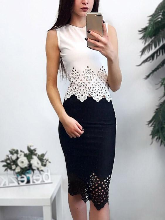 Round Neck Plain Sleeveless Bodycon Hem White Camis