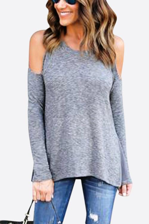 Round Neck Cold Shoulder Long Sleeve Grey Tee