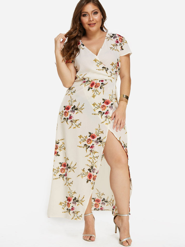 V-Neck Floral Print Short Sleeve Slit Hem Plus Size Maxi Dresses