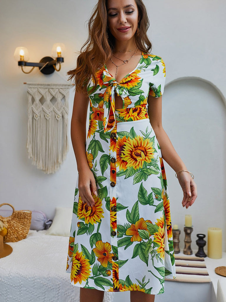 V-Neck Short Sleeve Printed Hollow Self-Tie Chiffon Dress