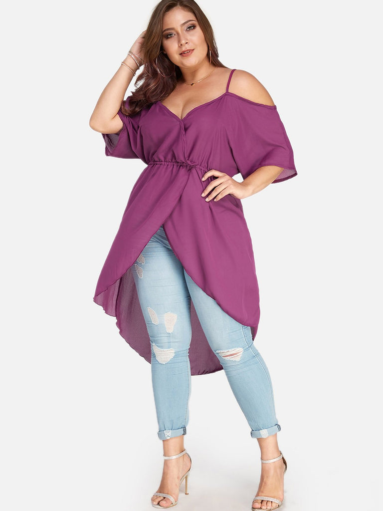 Cold Shoulder Plain Backless Half Sleeve Irregular Hem Plus Size Tops