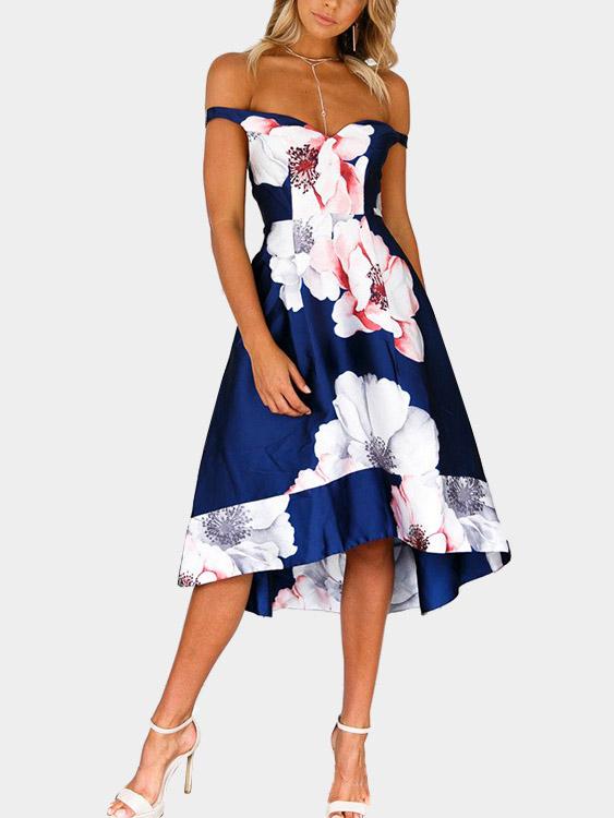 Off The Shoulder Floral Print Zip High-Waisted Back Dresses