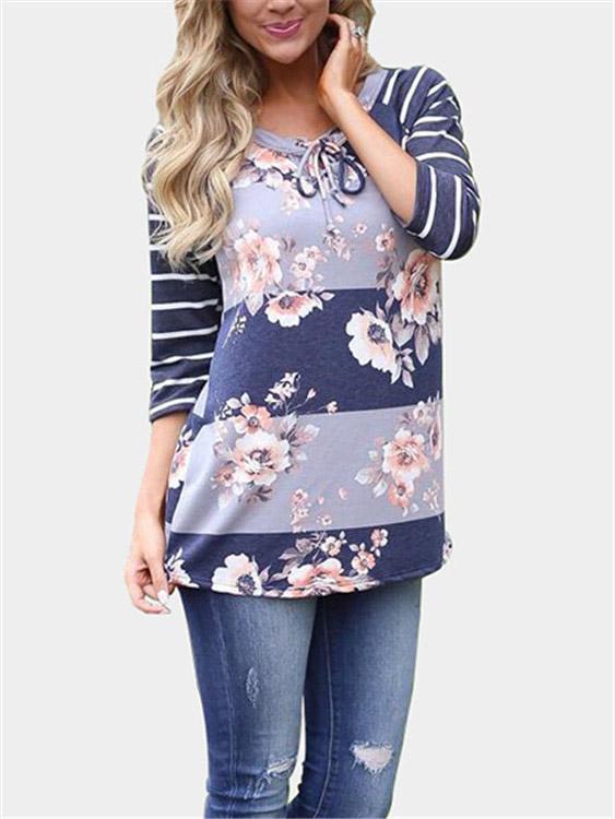 Round Neck Stripe Floral Print 3/4 Sleeve Curved Hem T-Shirts