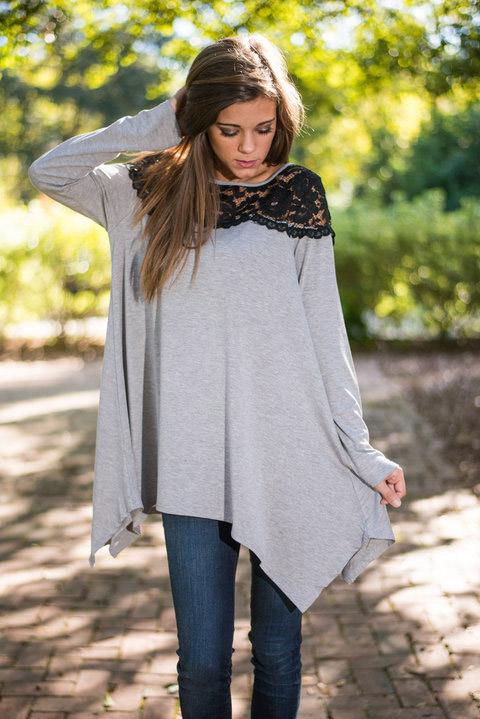 Lace Insert Yoke Asymmetric Slouchy Jersey Top