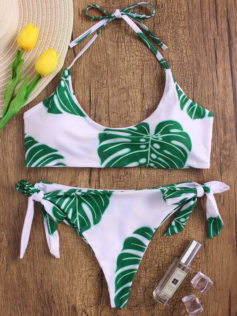 White Halter Sleeveless Printed Two Piece Bikinis