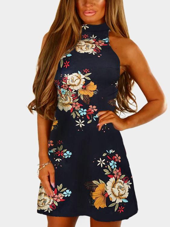 Navy Sleeveless Floral Print Lace Zip Back Mini Dress