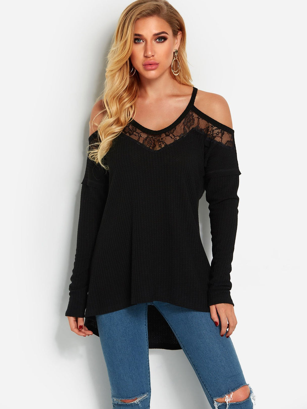 V-Neck Plain Lace Long Sleeve Irregular Hem Black T-Shirts