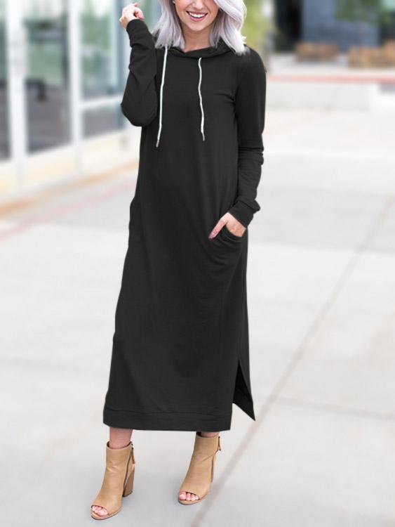 Black Pullover Long Sleeve Plain Side Pockets Hooded Slit Maxi Dress