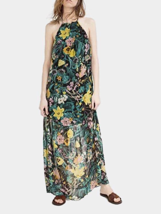 Halter Floral Print Backless Maxi Dress